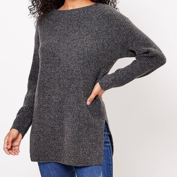 NEW Loft RIBBED BOATNECK TUNIC SWEATER Charcoal XS - Picture 1 of 3